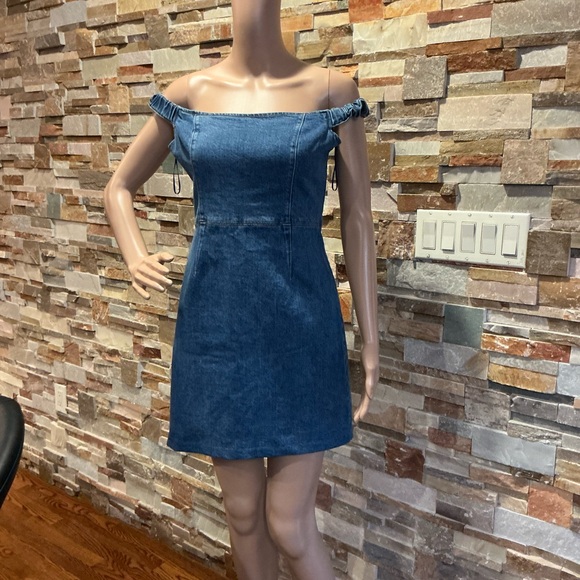 Aqua Off-Shoulder Blue Denim Mini Dress - Picture 1 of 5